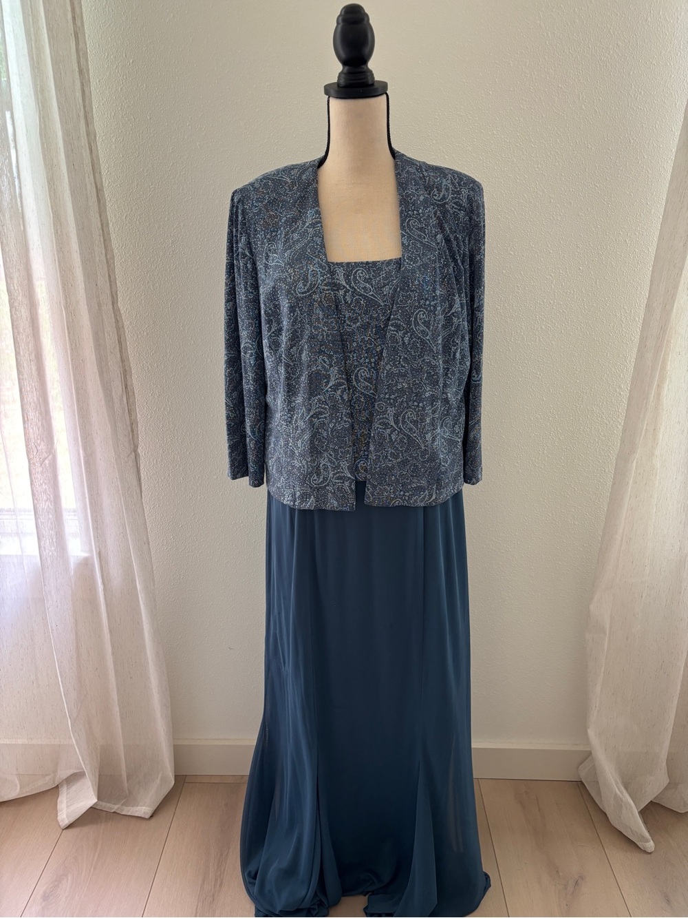 Alex Evenings Blue Paisley Jacket with Navy Maxi Skirt